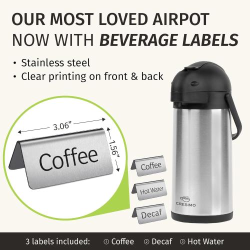 Cresimo Coffee Carafe for Keeping Hot 102oz Airpot Coffee Dispenser with Pump & Stainless Steel Table Tent Signs - 3L Airpots for Hot Beverages - Easy-to-use Insulated Coffee Carafe & Beverage Labels