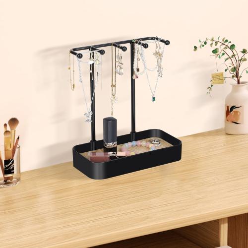 TACGEA Jewelry Holder Organizer, Small Simple Jewelry Display Stand Necklace Organizer with Metal Holder and Plastic Tray, Black