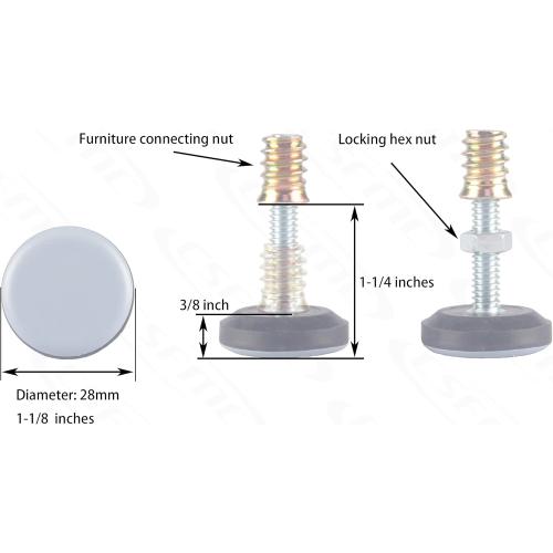 Furniture Leveler PTFE(Teflon) Bottom(28mm Base),Threaded Shank(1/4-20) Adjust Pads,Table/Chair/Cabinet/Sofa Medium Adjustable Legs Leveling,Nuts Installation and Floor Protection(8 Pack)