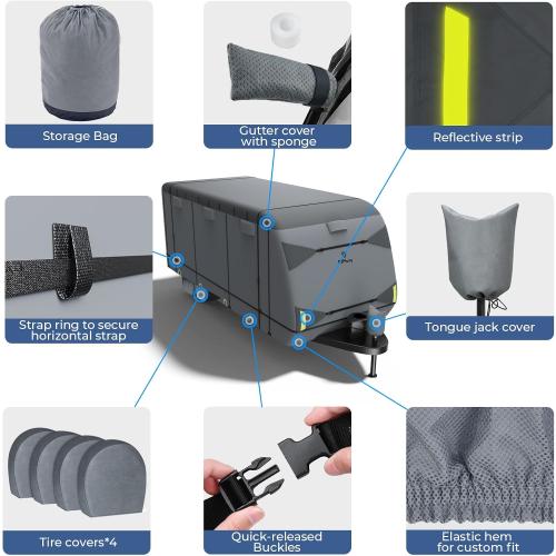 RVMasking Travel Trailer RV Cover 31-34ft, 7 Layers Extra-Thick Camper Cover Waterproof Windproof for Toy Hauler with 4 Tire Covers & Tongue Jack Cover & Propane Tank Cover, Dark Gray
