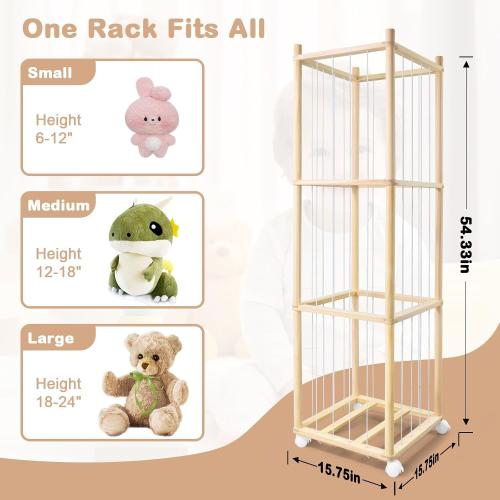 Stuffed Animal Storage, Wood Stuffed Animal Zoo Storage with Brake Wheels, Space Save Toy Organizer, Large Capacity Stuffed Animal Holder, Perfect for Nursery Playroom Kidroom Bedroom-54.3 Inch