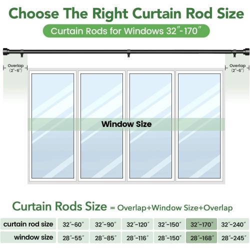 Time Forest Curtain Rods for Windows 32 to 170, 1 Inch Adjustable Black Heavy Duty Long Window Outdoor Curtain Rod for Patio, Modern Drapery Rods with Simple End Caps, Size 32-170