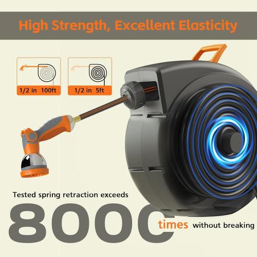 Retractable Garden Hose Reel 100 FT, 1/2 Heavy Duty Garden Hose 435 PSI Burst Pressure, Wall Mounted Water Hose Reel with 10-Pattern Nozzle, 180° Swivel, Slow Auto Rewind & Any Length Lock
