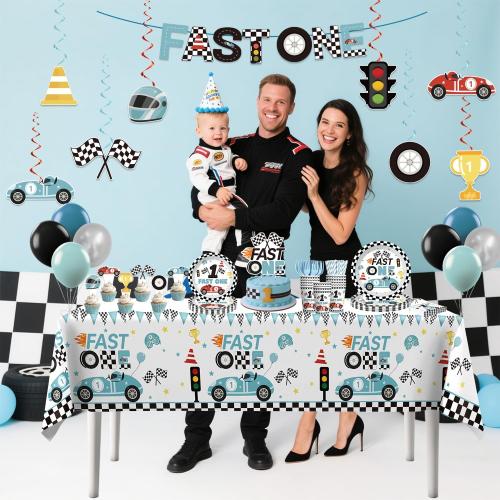 Xynic 160pcs Fast One Birthday Decorations For Boys Tableware Complete Party Set, Fast One Birthday Decorations, Blue Race Car & Car Theme 1st Party Supplies Boy, Serves 20 Guests