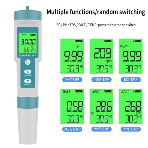 PH Meter TDS Meter 8 in 1 Digital Water Tester Pool Salt Tester Salinity, PH, TDS, EC, ORP, H2 and TDS Meter, PH Meter for Water with LCD Backlit Testing Kits for Swimming Pool,Saltwater, Sea Water