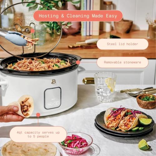 Beautiful 4-Quart Slow Cooker with Touch-Activated Display, Programmable Digital Controls, Removable Non-Stick Pot, Keep Warm Function, by Drew Barrymore (White Icing)