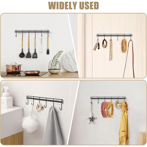Kitchen Utensil Hanger, Adhesive Utensil Holder Wall Mount Kitchen Rack Rail with 12 Hooks, Space Saving and No Drilling, Black, 2 Pcs