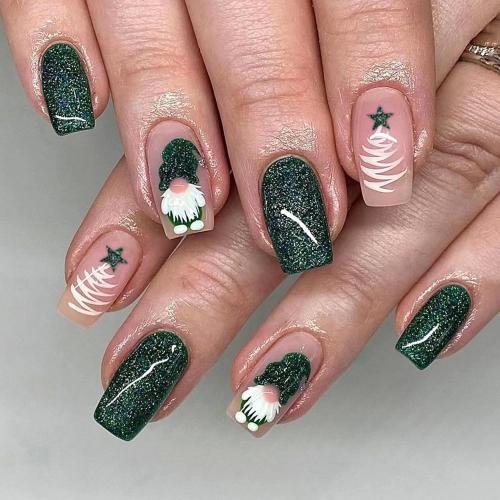 Christmas Press On Green Glitter Gnome Glue On Medium Square False Nails - Winter Xmas Acrylic Nails for Women & Girls