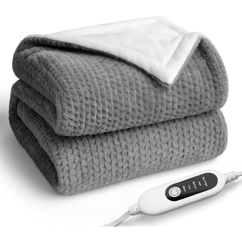 Heated Blanket Electric Blanket,Cozy Faux Rabbit Fur & Soft Flannel Warm Heater Throw Blanket with 5 Fast Heating Levels &10Hours Auto-Off Over-Heat Protection，50 x 60 (Grey)