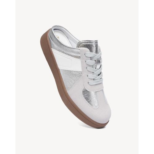 NEWBELLA Women's Lace-Up Mule Sneakers Fashionable Backless Sneakers for Women Sliver (Size.8.5)
