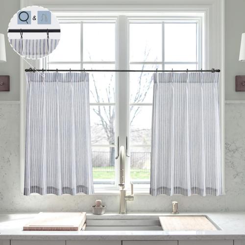 LIMON HOME Bathroom Curtains Window for Blue Cafe Curtains 24 Inch Length,Light Blue on Neutral Short Curtains 2 Panels