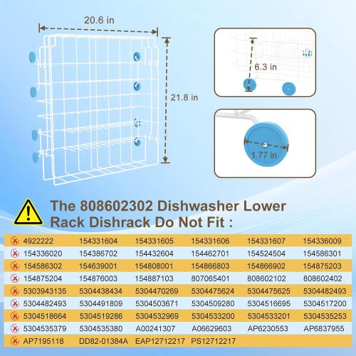 UPGRADED 808602302 Dishwasher Lower Rack Compatible with Frigidaire, Kenmore Bottom Rack Dishwasher Replacement with 154174501 Blue Wheels Replace 154432602 154432601 Dishwasher Rack Replacement