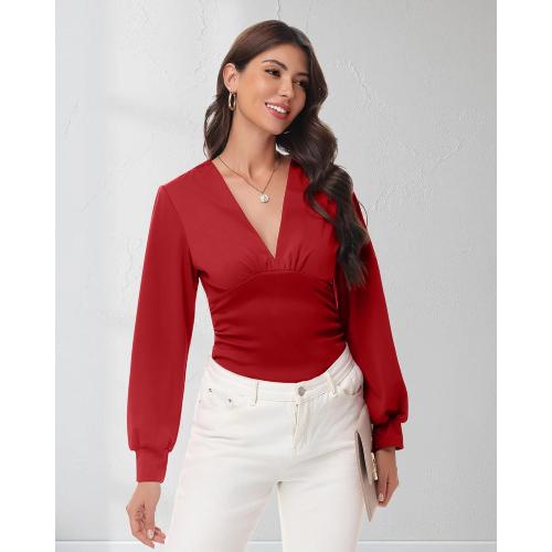 Size M Women V Neck Long Sleeve Blouse Dressy Ruched Shirts Bell Sleeve Wrap Top 2025 Trendy Casual Elegant Work Outfit