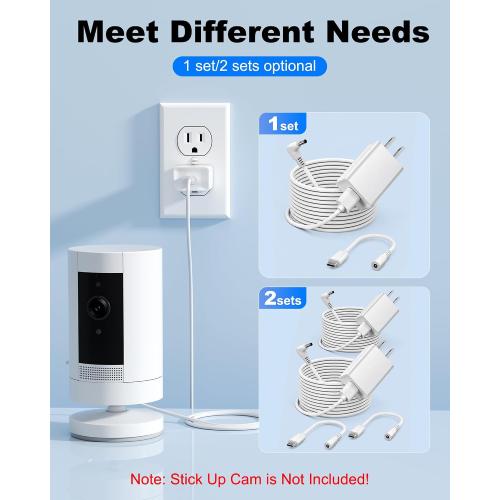 WUKUR 2 Pack Power Adapter Compatible with Ring Stick Up Cam Battery/Plug-in 3rd Gen/2nd Gen & for Ring Pan Tilt Stick Up Camera, Indoor/Outdoor Charger Weatherproof Power Cord, 4M/13.1Ft Long