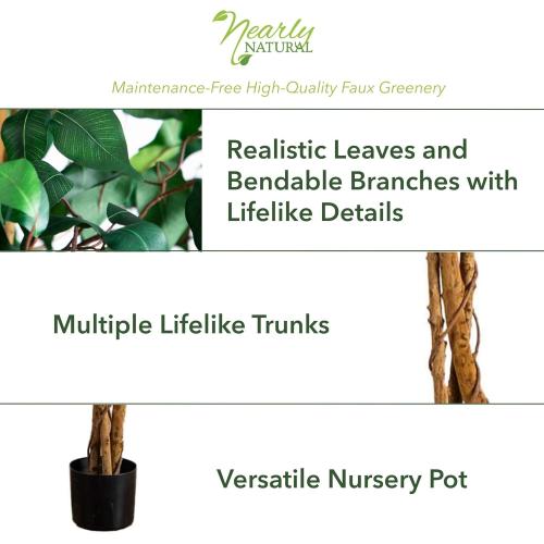 Nearly Natural 4ft Triple Trunk Artificial Ficus Tree with Natural Wood Trunks, Fake Tree for Indoor Home Décor, Faux Ficus Tree with Black Nursery Pot