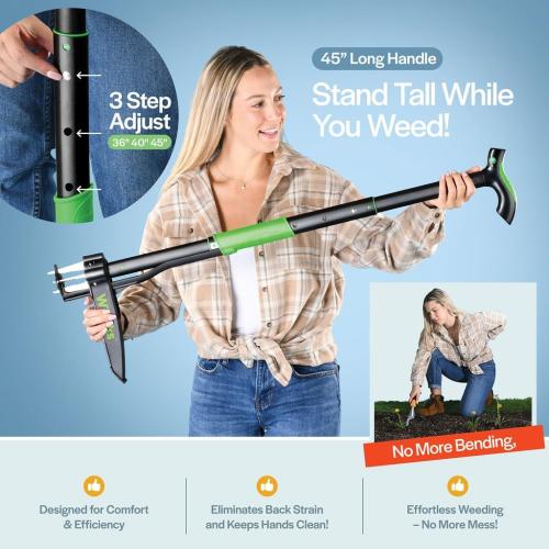 Weed Puller Tool with Long Adjustable Handle (36, 40, & 45), Quick-Release Weed Ejector Mechanism, Lightweight Aluminum Stand-Up Heavy Duty Weed Remover, 4-Claw Head & Foot Pedal for Easy Weeding
