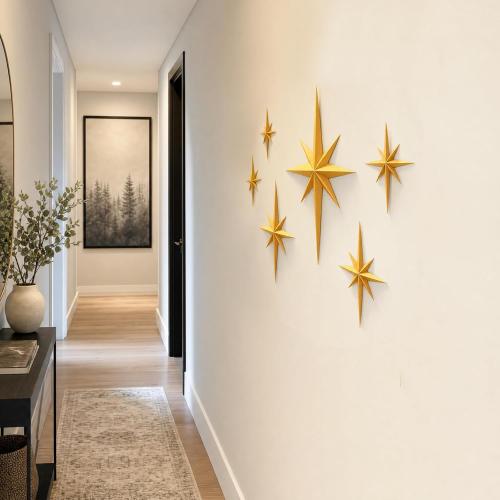 Shudyear 2 Pack Starburst Wall Decor Set, Retro Mid Century Modern Star Wall Art, Gold/Black Plastic Celestial Wall Sculptures for Living Room, Bedroom, Apartment Decor (Gold)