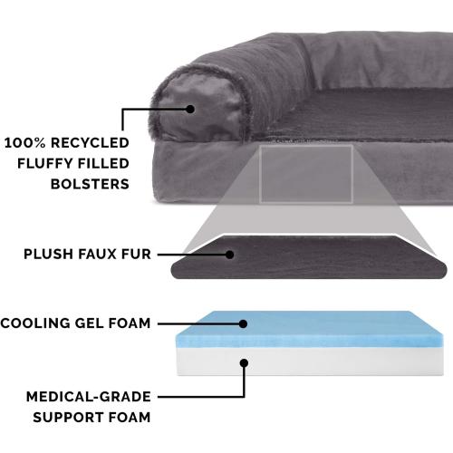 Cooling Gel Dog Bed for Medium/Small Dogs w/ Removable Bolsters & Washable Cover, For Dogs Up to 35 lbs - Plush & Velvet L Shaped Chaise - Platinum Gray, Medium