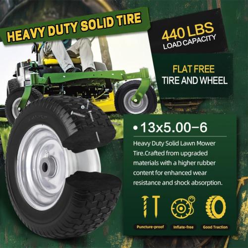 13x5.00-6 Flat Free Tire and Wheel Assemblies (2 Pack),13 x 5 x 6 Solid Rubbe Tires and Wheel for Riding Lawn Mower - With 3/4 Bushings (Extra 5/8 Bushings) and 3 Centered Hub (Gray)