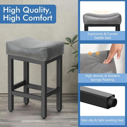Raynesys Counter Height Bar Stools Set of 3, 24 Inch Barstools for Kitchen Island Counter, Bonded Leather Kitchen Stools with Thick Saddle Seats & Heavy Duty Metal Base, Easy Assembly, Gray/Black