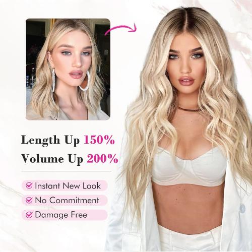 Set of 4 Color Blond REECHO Clip in Hair Extensions, 4PCS Blonde Hair Extensions 24 Thick Long Beach Waves hair extensions HE003 Invisible Lace Weft Natural Soft Hairpieces for Women – Dark Blonde with Light Ends