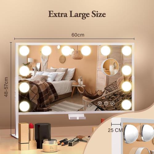BESTOPE PRO Vanity Mirror with Lights, 23.6 x 22.4 Makeup Mirror with Lights and 3 Color Mode, Height Adjustable Hollywood Mirror with 2 Organizer, USB Charging Port, Phone Holder, Women Gifts