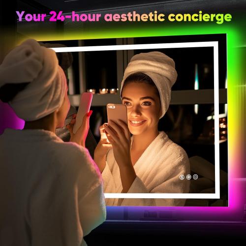 36x36 Inch RGB LED Bathroom Mirror Front Light LED Bathroom Mirror with 3 Colors, Vanity Mirror with Lights, Anti-Fog Wall Mounted, Dimmable Touch Switch Control, Memory Front and Backlit Smart Mirror