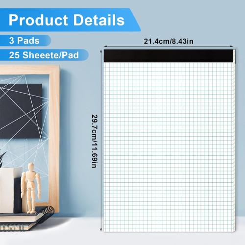 AZUREAL Grid Paper Notebook 8.5 x 11 Inches, 3 Pack graph paper pad, 70Gsm 4×4 Quad Grid Paper, Graph Papers for School, Office, Home, 25 Sheets/Pad