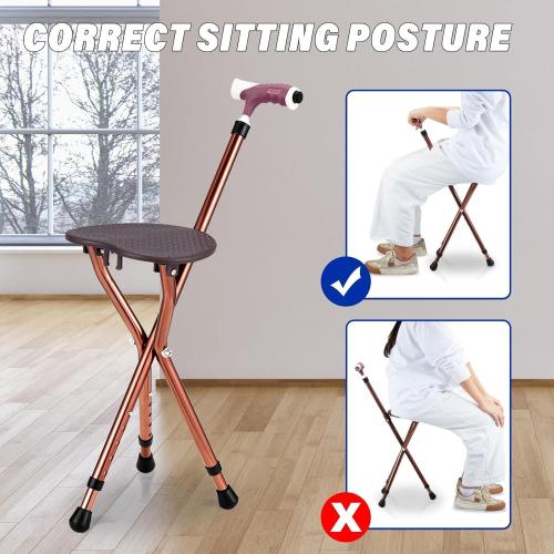 Folding Cane Seat Sturdy Lightweight Adjustable Handle Legs with LED Light Cushion for Elderly Walking Stick 300 lbs Large Plate