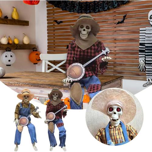 Color Red and yellow plaid Halloween Banjo Playing Skeletons - Dueling Poseable Skeletons with Light, Red & Yellow