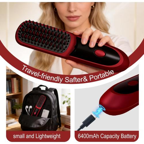 Go Brush Pro for Short Hair 2026, Portable Straightener Brushs for Travel, with LCD Temperature Display, Fast Heating Cordless Mini Hair Brushs (Red)