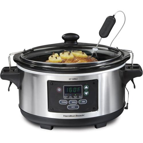 Hamilton Beach Portable 6 Quart Set & Forget Digital Programmable Slow Cooker with Lid Lock, Temperature Probe, Dishwasher Safe Crock & Lid, Stainless Steel (33969A)