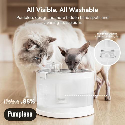 Cheerble Pumpless Cat Water Elfin Fountain, Wireless Pet Fountain Battery Operated, 2L/67oz E1  Automatic Water Dispenser Cats & Dogs MagDrive™ Technology Stainless Steel Tray, No Cleaning Hassle