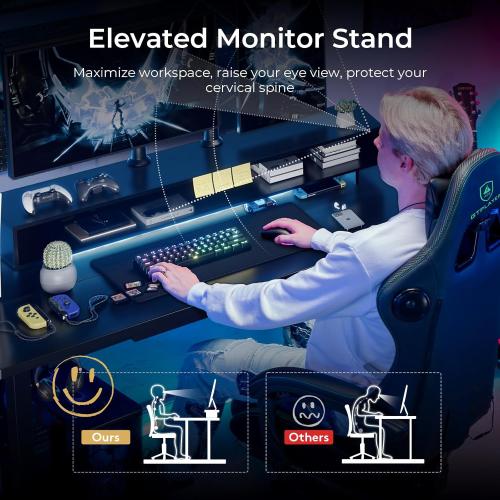 GTPLAYER Electric Standing Desk with Drawers, 48 x 24 Inch Height Adjustable Gaming Desk with Monitor Stand, Power Outlets & LED Lights, Home Office Sit Stand Up Desk with Memory Preset (Black)