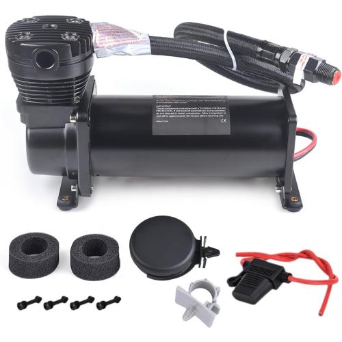 200PSI 3/8 NPT Heavy Duty Air Train Horn/Air Ride Suspension Compressor with 1/4 NPT Replacement Fittings 12V Black