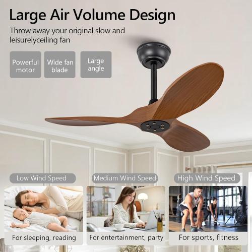 KBZZ 36 Modern Ceiling Fan - No Light, 6 Speeds, Reversible DC Motor, 3 ABS Blades, Black - Remote Controlled for Indoor/Outdoor