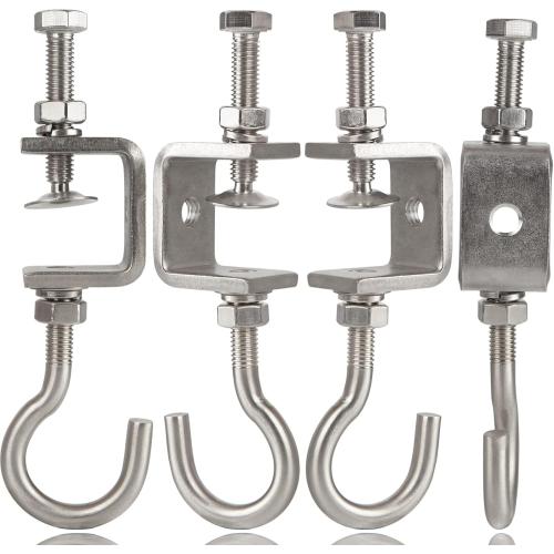 1 3/16 In Stainless Steel Small C Clamps  Heavy Duty Metal Threaded Hanging Screw Hook/Open Cup Bolt Hook, With Stable Wide Jaw Opening&Protective Pad/I-Beam Design (4PCS)