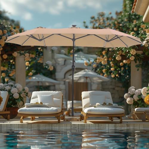 GREEN PARTY 13 ft Rectangle Patio Umbrella with Solar Lights, Double-Sided Market Table Umbrella with Crank, Large Outdoor Umbrellas for Patio Poolside Garden Backyard, Beige