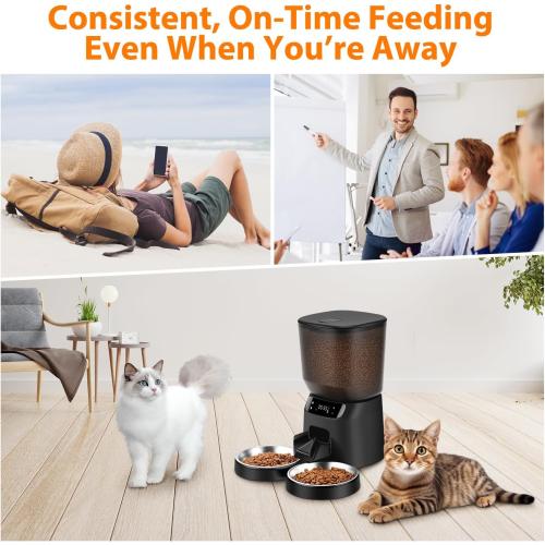Automatic Cat Feeders for Two Cats, 5L/20 Cups Double Automatic Cat Food Dispenser with 2 Stainless Bowls,10s Meal Call and Timer Setting 20 Portions 6 Meals Per Day,Pet Feeder for Dog Black
