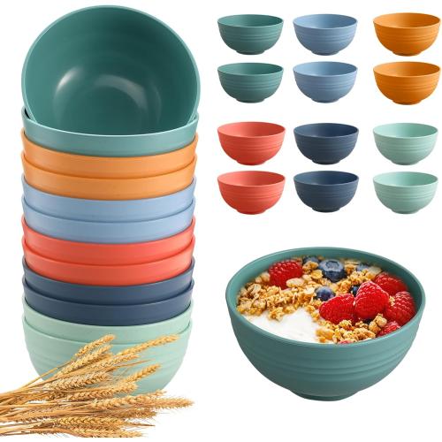 HEYCOME 12 Pcs Unbreakable Cereal Bowls Set, 26 Oz Wheat Straw Bowls Set, Microwave & Dishwasher Safe Rice Bowls for Kitchen, Reusable Plastic Bowls for Soup, Salad and Snack, BPA Free, Multicolor