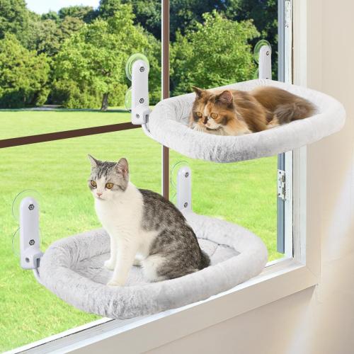 2PC Cat Window Perch with Bolster Foldable Cat Hammock Cushion Bed for Window with Metal Frame, Large Suction Cups Cordless Window Resting Seat for Indoor Cats (Cushion Bed, 2PC)