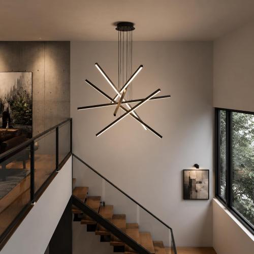 Modern Chandelier,6- Light Fixture Black Sputnik Linear Dimmable Dining Room Chandeliers 39.4in Hanging Lamp LED Dimmable Pendant Adjustable Lights Ceiling for Living Room Foyer Entryway Staircase