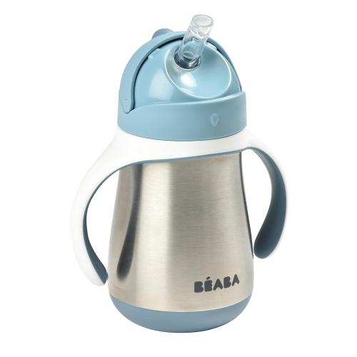 Beaba Stainless Steel Straw Sippy Cup, Insulated Toddler Cups Spill Proof with Removable Handles, Made with High Grade Stainless Steel, 8  months, 8.5 oz (Rain)