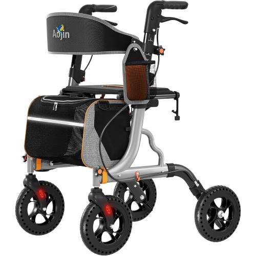 Rollator Walkers for Seniors with Seat, Foldable Walkers for Seniors, 8 All-Terrain Wheels, 18 Big Seat, 6-Level Adjustable Height Rolling Walker, 350 lb, Walker for Seniors & Adults (Sliver)