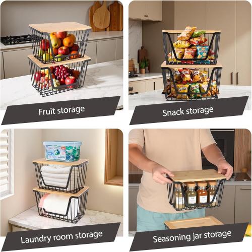 2 Pack Storage Stackable with Bamboo Top for Kitchen Laundry Room Organizers, Large Trash Bag Holder and Garbage Bag Dispenser