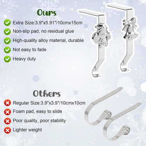 Christmas Stocking Holders, 4 Pack Xmas Stocking Holders Hangers for Mantel Fireplace Metal Stocking Hooks Stand for Christmas Party Decoration, Silver