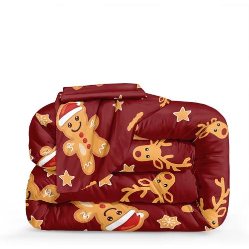 Bedbay Cartoon Christmas Bedding Set  Red and Gold Christmas Gingerbread Stars Elks Comforter Happy New Year Xmas Theme Quilt Set for Boys Girls Teen