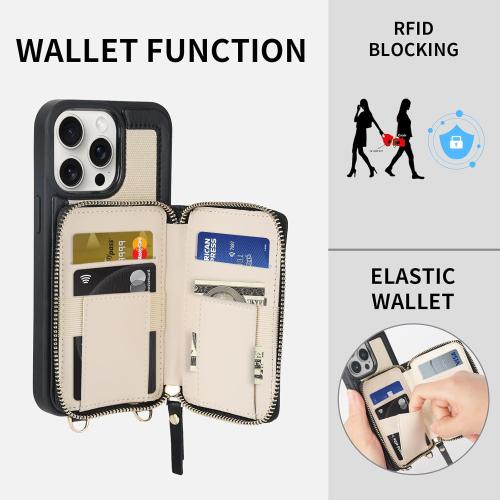 Size iPhone 15 Pro Color Black and Beige ZVE Crossbody Wallet Case for iPhone 15 Pro Detachable Wrist Strap Zipper Leather Protected Case Card Holder, Compatible with iPhone 15 Pro 6.1-inch Purse Cover (Black with Beige)
