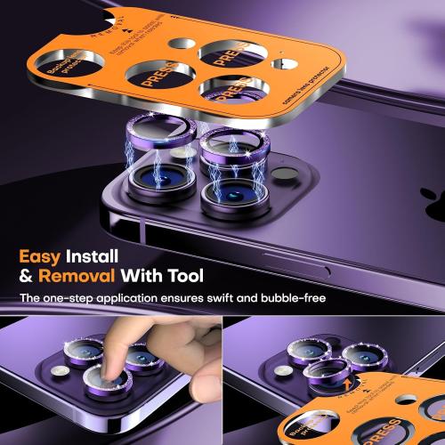 Camera Lens Protector for iPhone 17 Pro Max/17 Pro/16 Pro Max/16 Pro/15 Pro Max/15 Pro/14 Pro Max/14 Pro, Tempered Glass Metal Individual Cover[Anti-drop] Case Friendly-Glitter Deep Purple