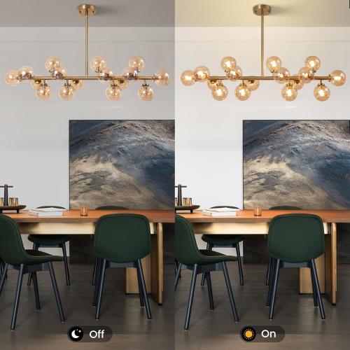 Modern Gold Chandelier Rectangle Pendant Light Ammber Globe Glass Sputnik Chandeliers Hanging Light Fixture 16-Light